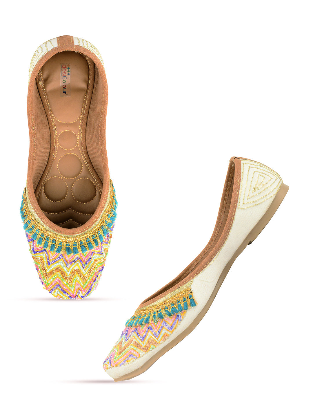 Desi Colour Women Indian Ethnic Footwear-White Multi Zigzag