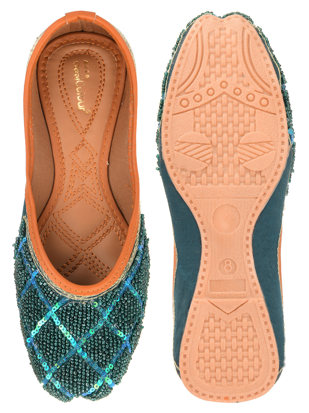 Desi Colour Women Indian Ethnic Footwear-Teal Pearl