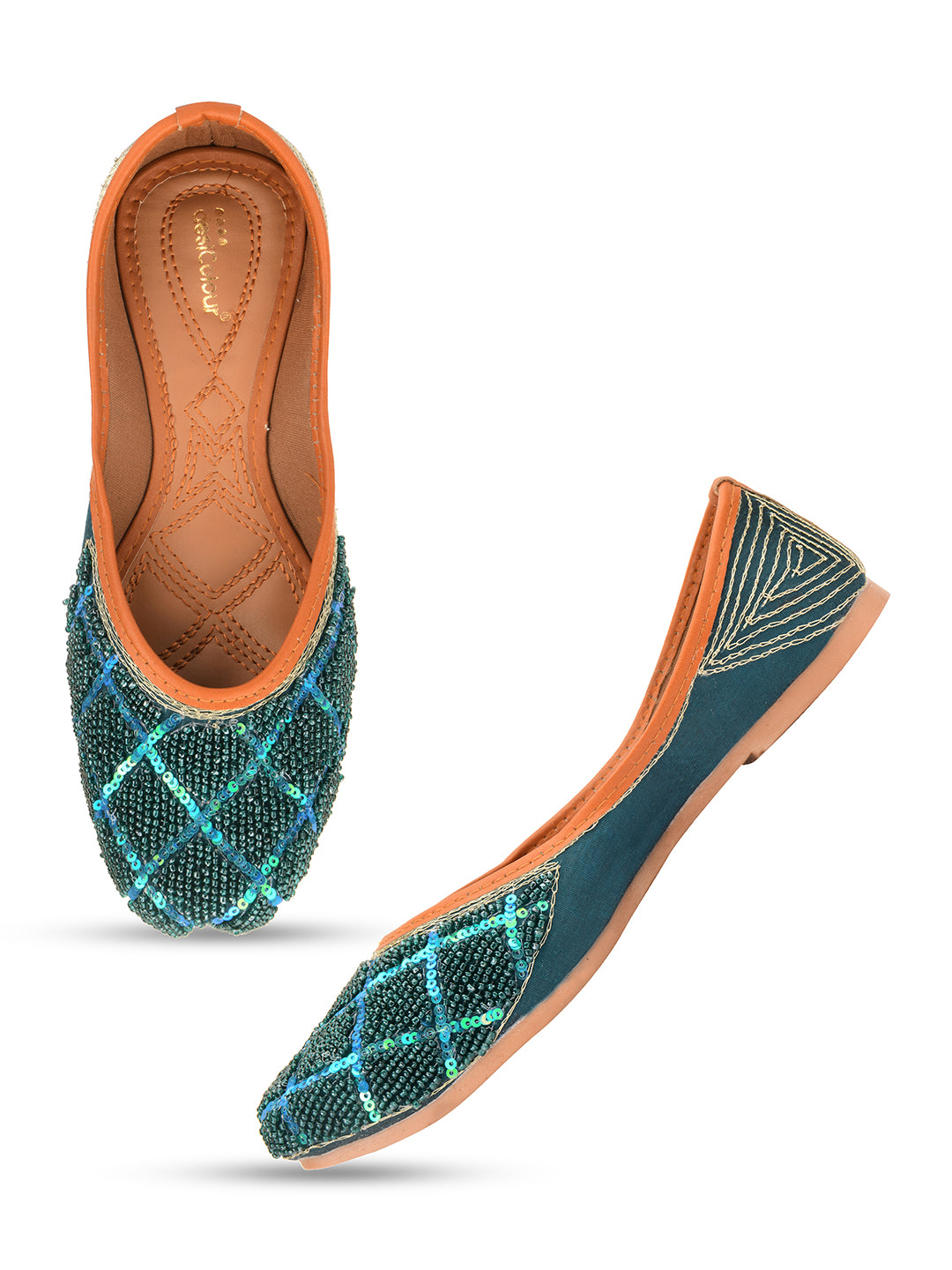 Desi Colour Women Indian Ethnic Footwear-Teal Pearl