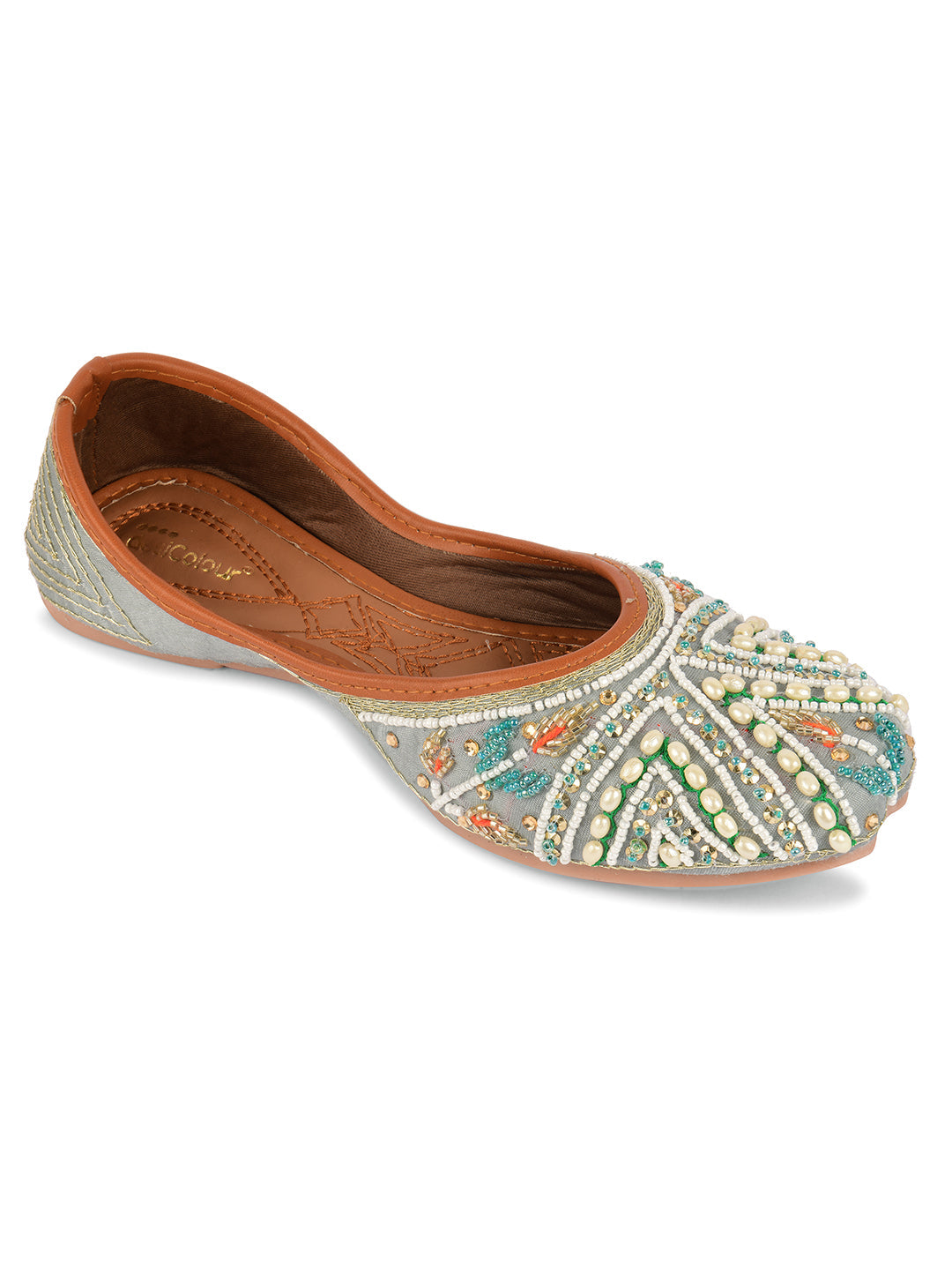 Desi Colour Women Indian Ethnic Footwear-Party Wear Grey Multi Pearl