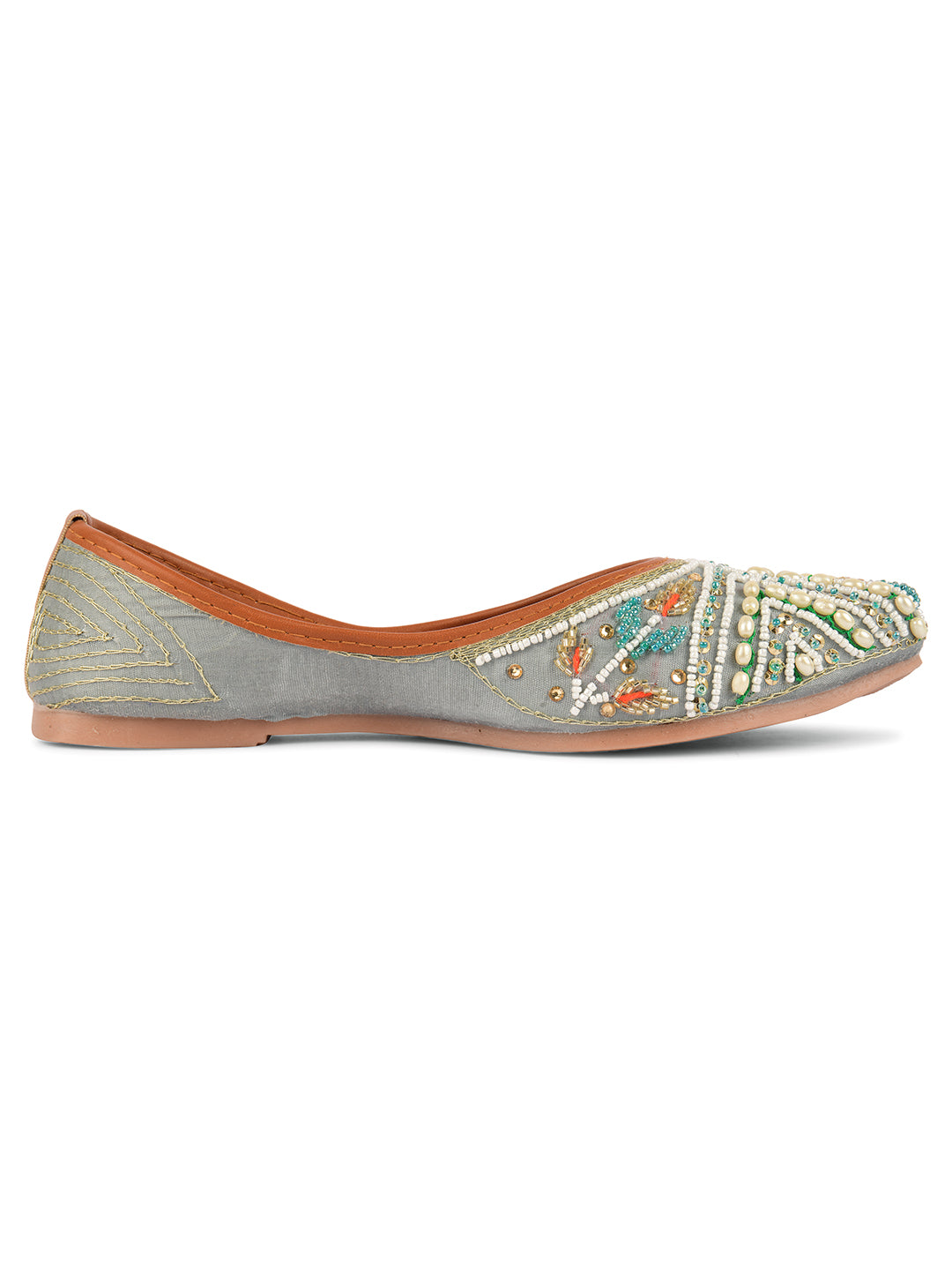 Desi Colour Women Indian Ethnic Footwear-Party Wear Grey Multi Pearl