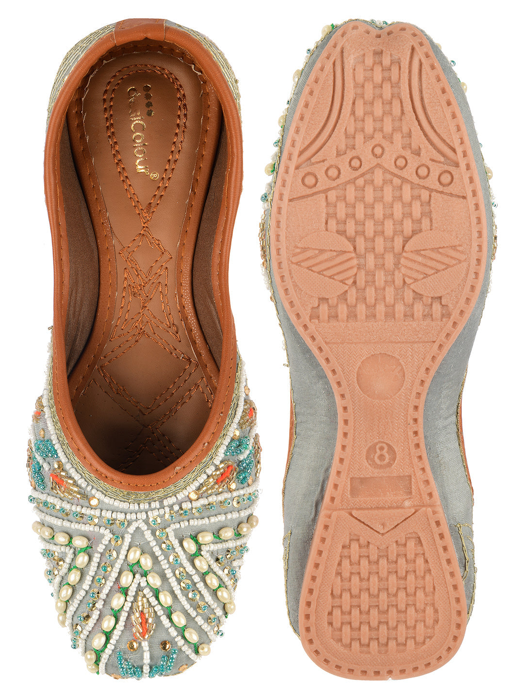 Desi Colour Women Indian Ethnic Footwear-Party Wear Grey Multi Pearl