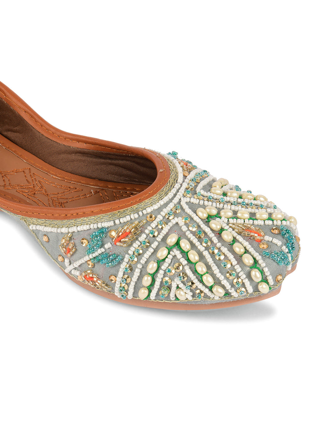 Desi Colour Women Indian Ethnic Footwear-Party Wear Grey Multi Pearl