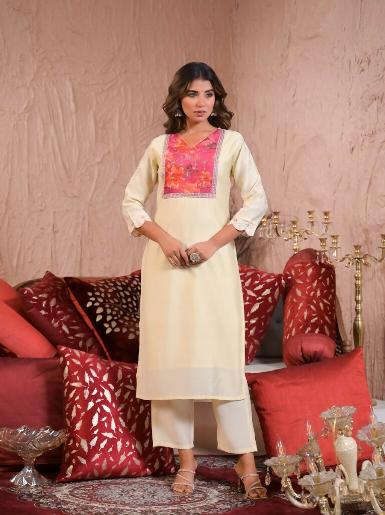 Ethnic Festive Wear Chanderi With Lining White & Pink Stitched Suit With Dupatta - Tanisha