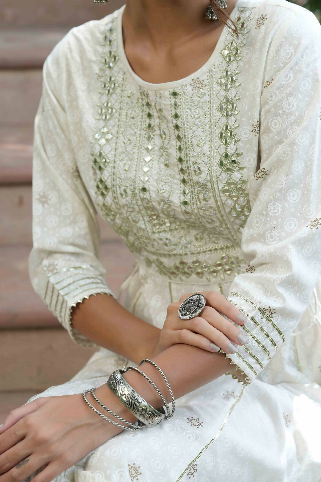 Juniper Off-White Rayon Festive Wear Embroidered A-Line Long Dress