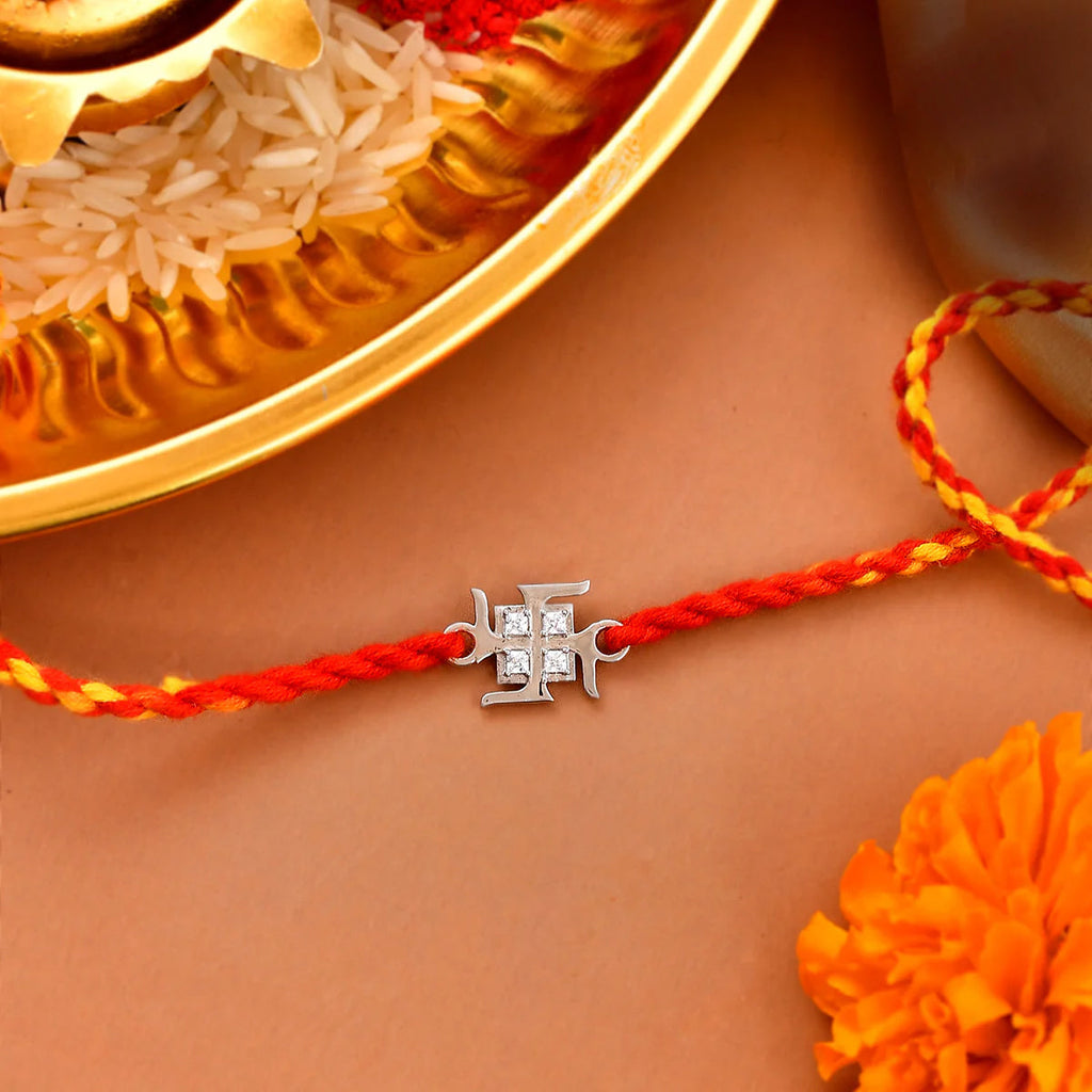 trueBrowns 925 Sterling Silver Precious Swastik Thread Rakhi