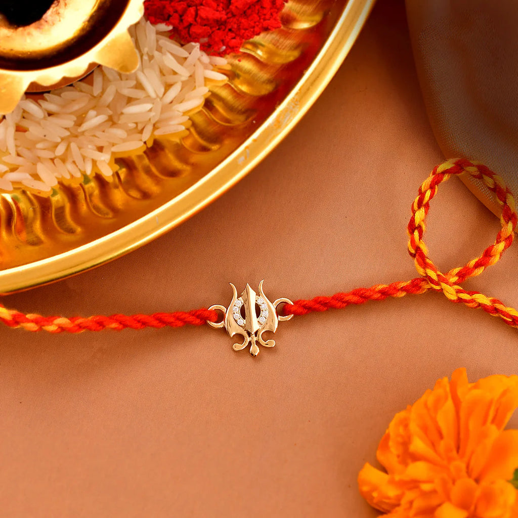 trueBrowns 925 Sterling Silver Gold-Polished Gold Micron Plated Trishul Thread Rakhi