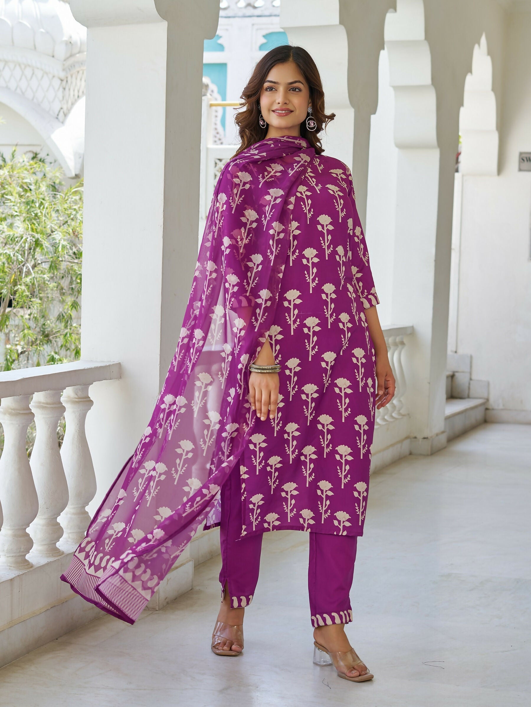 The52 Wine Women's Beautiful Cotton Blend Fabric Printed Work Straight Kurta, Pant and Dupatta Set