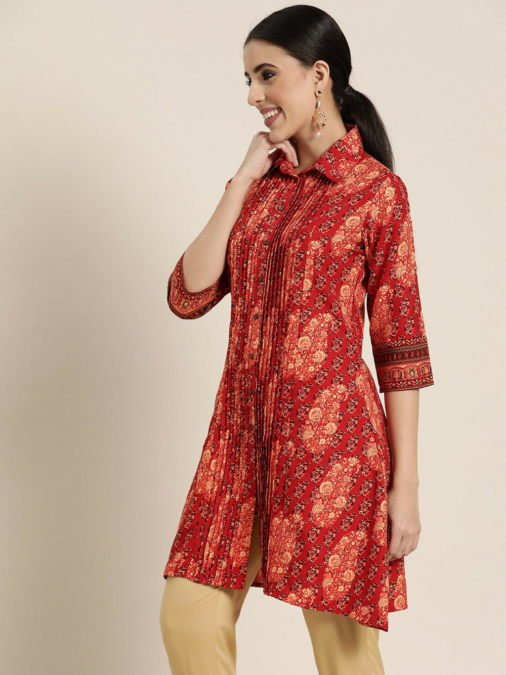 Juniper Red Ethnic Motif Printed Rayon A-Line Kurta with Buttons