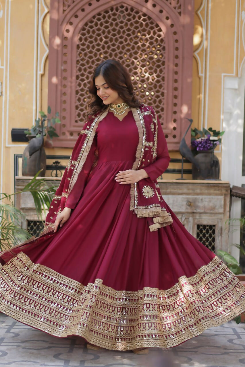 Vastranavya Star Georgette with Embroidery Zari Sequins-work Gown & Dupatta - Maroon
