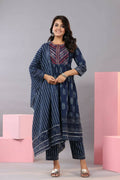 Juniper Women Indigo Cotton Cambric Batik texture Printed Kurta, Pants and Dupatta Set