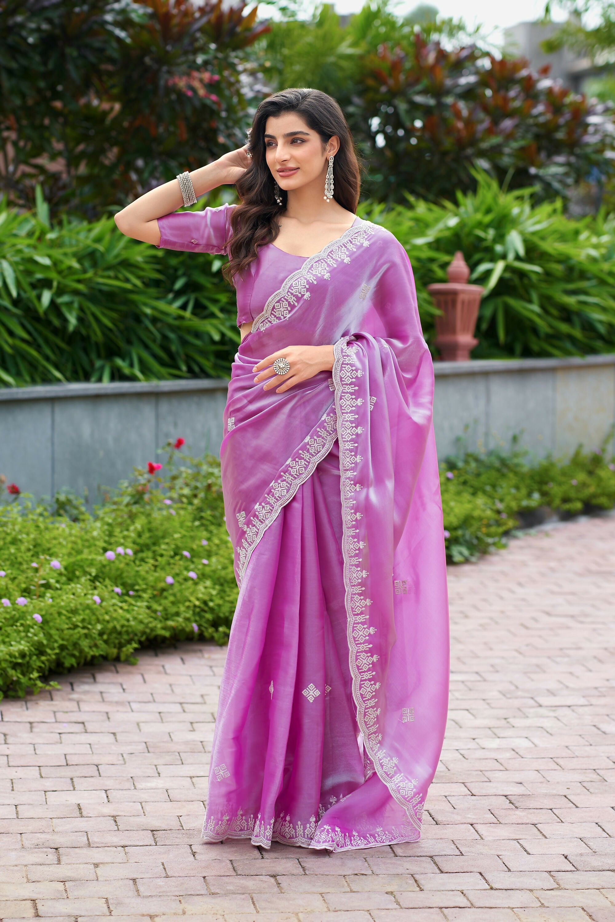 Vastranavya Light Pink Embroidery Work Shimmer Chiffon Saree with Unstitched Blouse