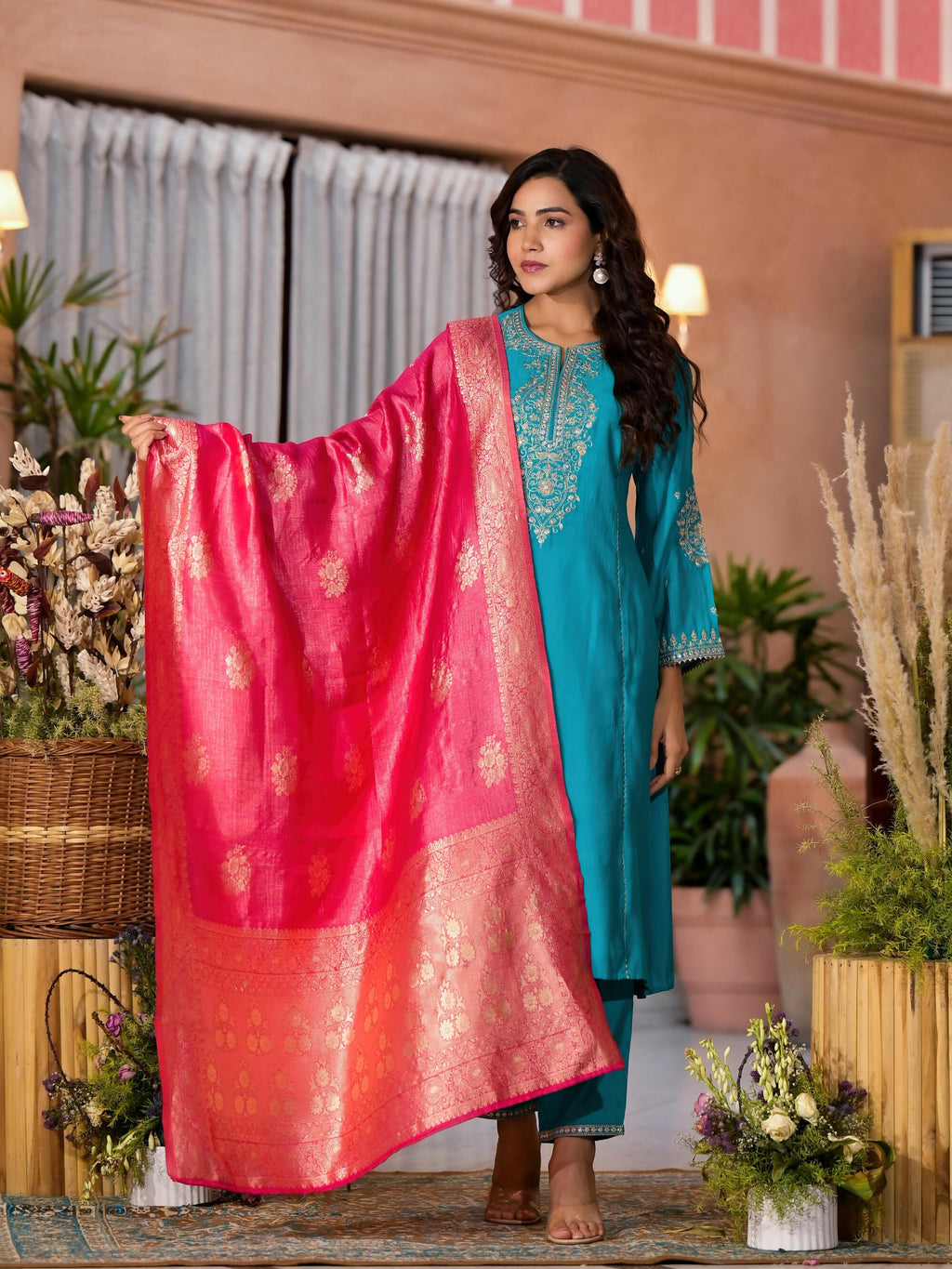 Juniper Women's Turquoise Zari Embroidered Viscose Kurta Pant And Dupatta Set With Lace & Mirror Work