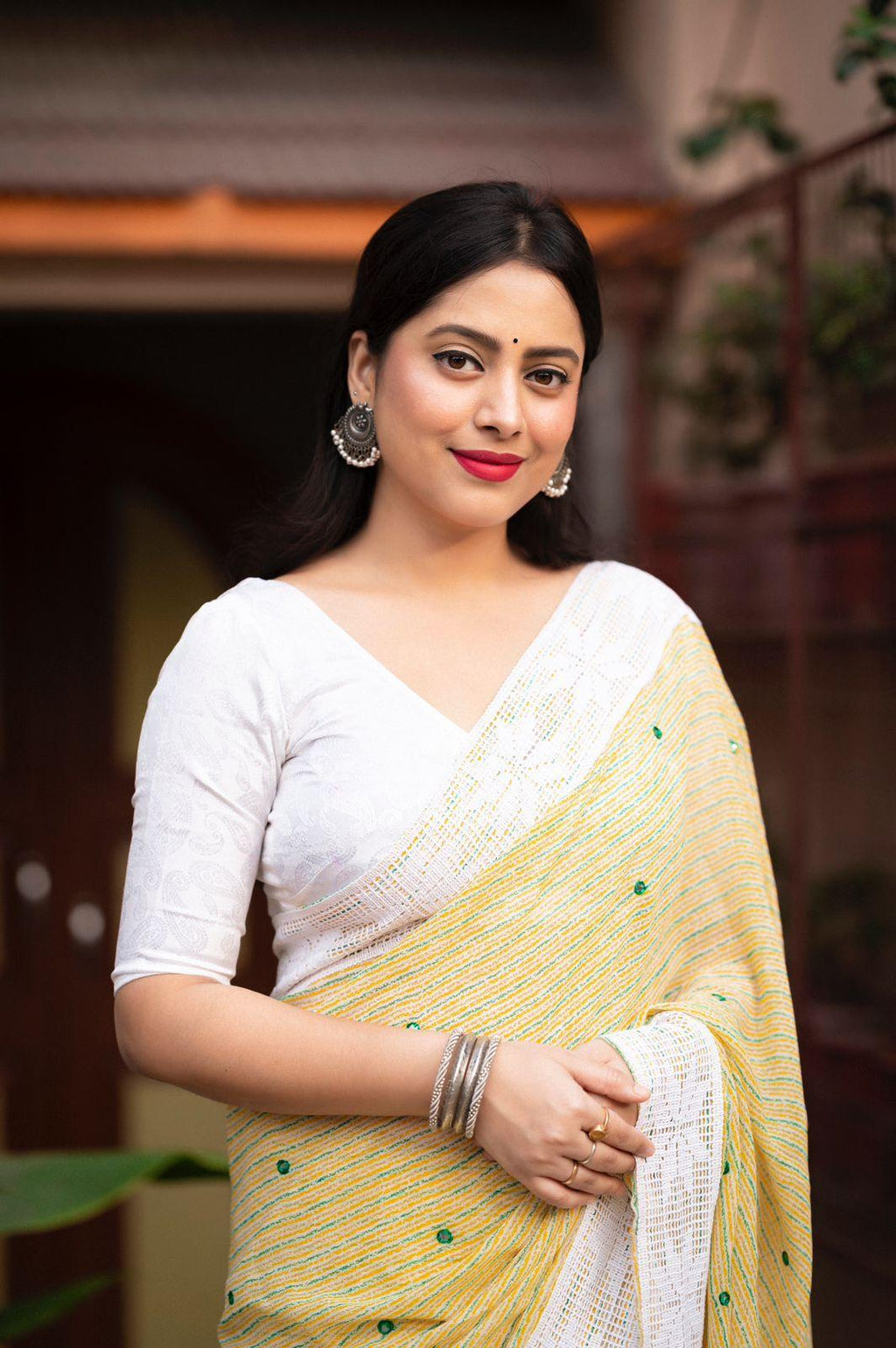 Lemon Poly Georgette Ethnic Motifs Saree with Unstitched Blouse - A2M