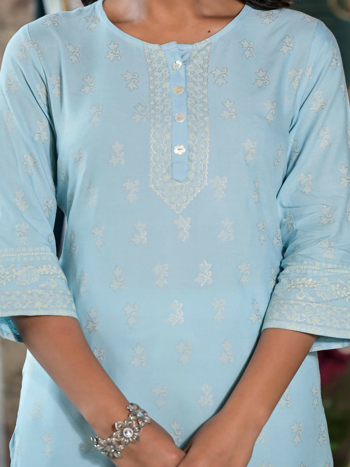 Juniper Women's Powder Blue Ethnic Motif Printed Rayon Kurta With Buttons