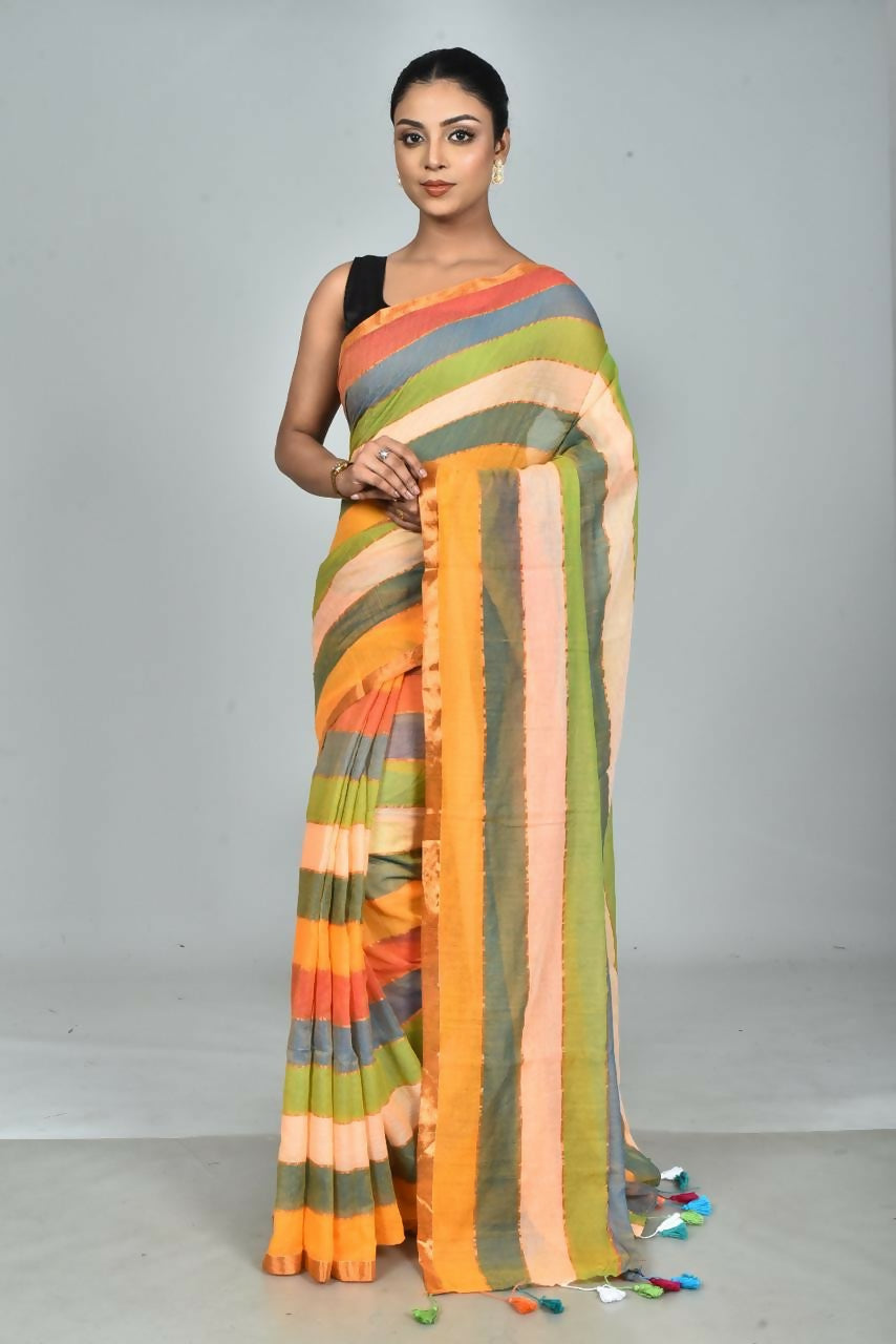 Exclusive Collection Beautiful Multi3 Pure Cotton Woven Handloom Saree With Running Blouse Piece