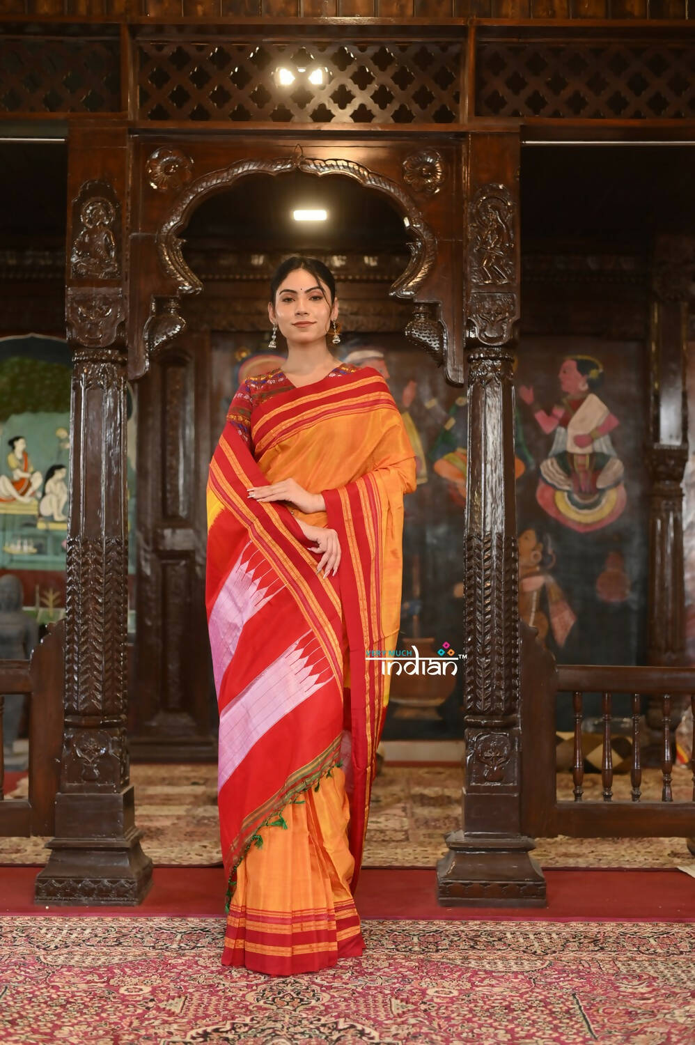 Very Much Indian Handloom Cotton Viscose Ilkal Saree Bright Mustard Yellow With Red Border