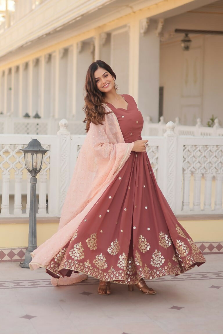 Jyoti Fashion Women's Brown Faux Georgette Sequins Thread Embroidery Anarkali Dress with Dupatta