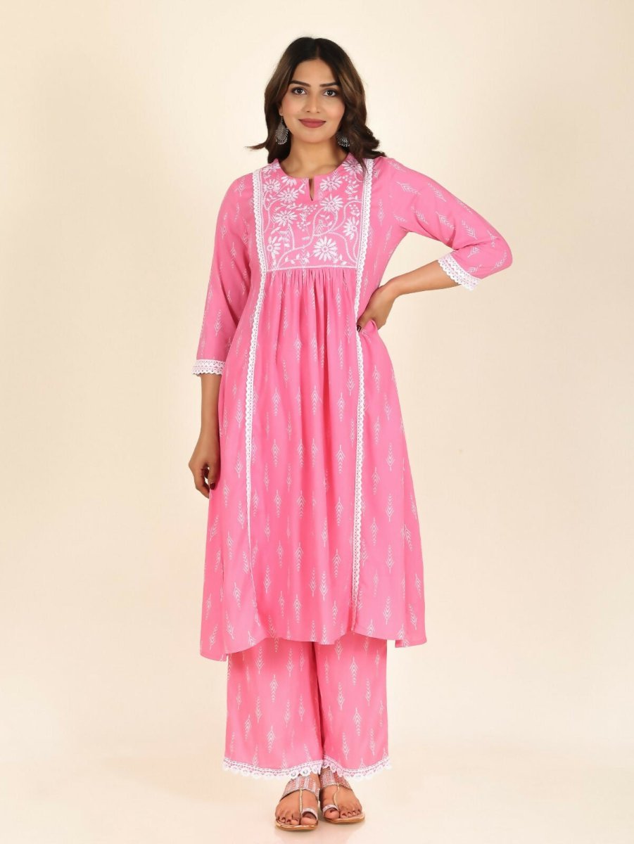 Aramya Pink Rayon Geometric Panelled Kurta for Women