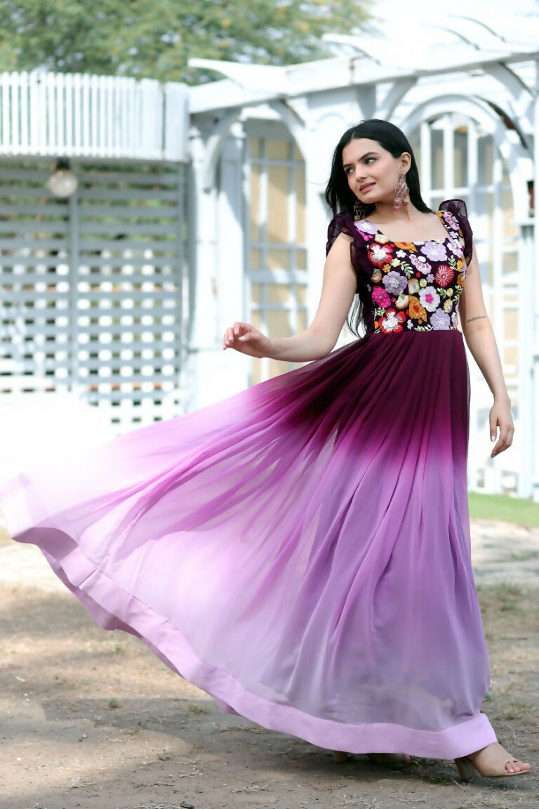 Jyoti Fashion Women's Wine Sequins Embroidery Faux Blooming Anarkali Dress