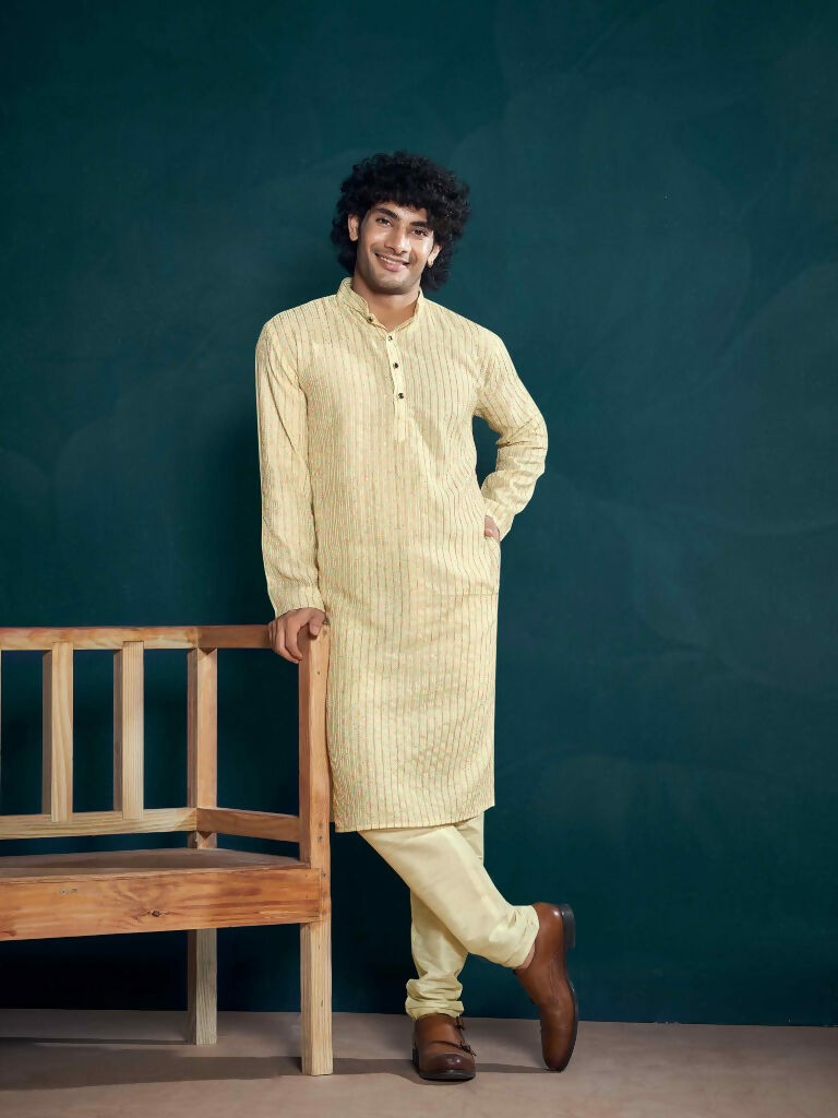 Off White Viscose Designer Sequance Embroidery Work Men's Kurta Set - Mahotsav