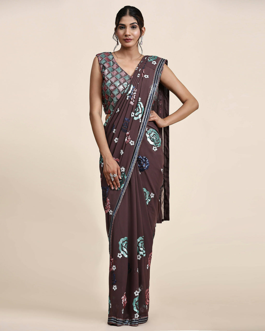 Brown Pure Georgette Sequence work Ready to wear Saree with stitched Blouse - Nirvana