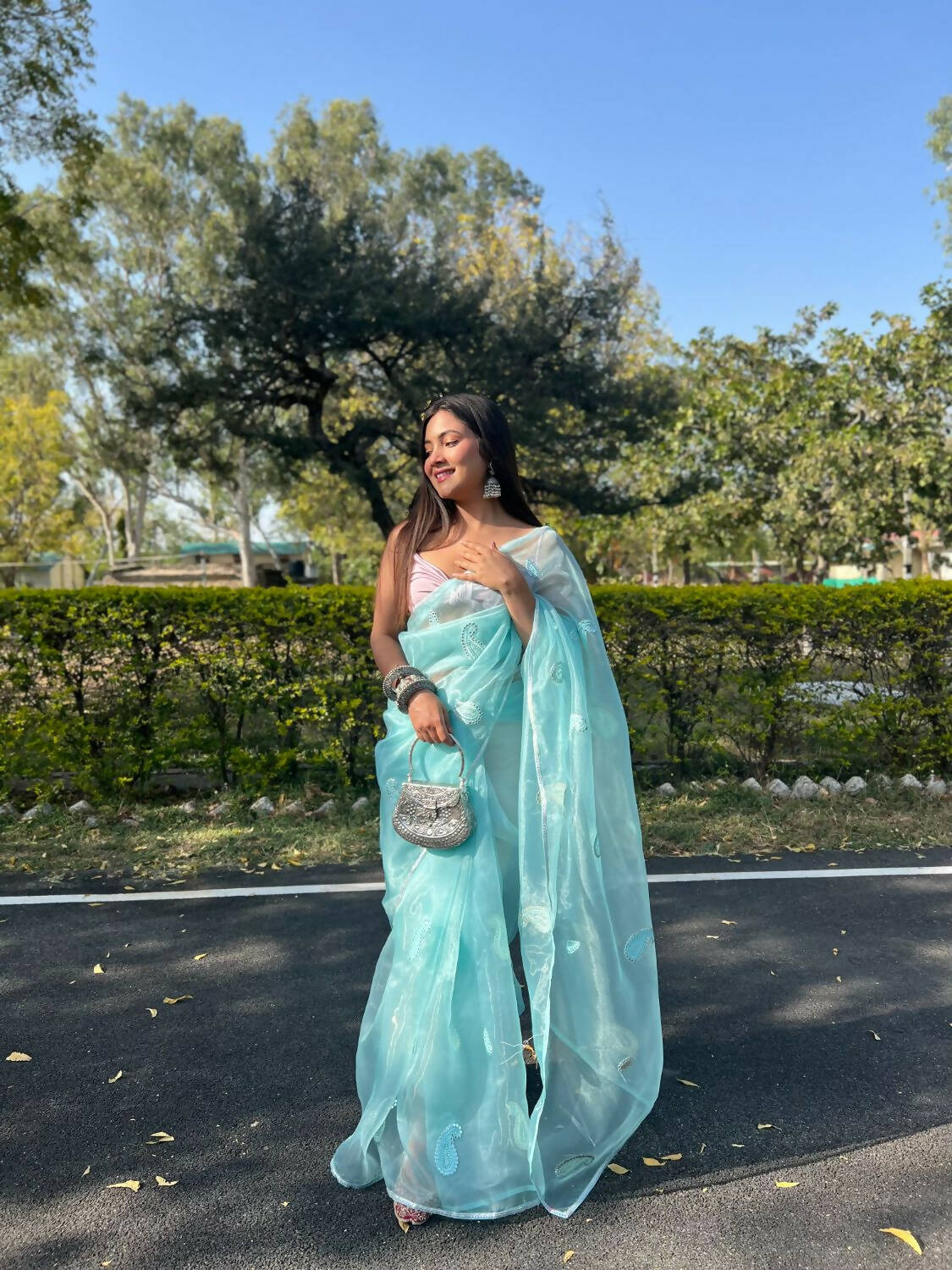 Vamsee Sky Blue Organza Saree