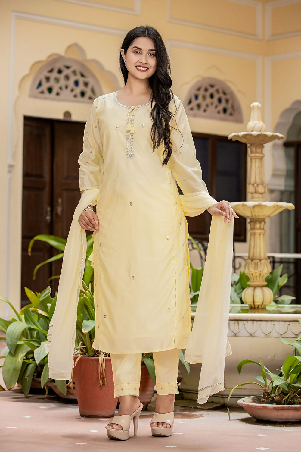 Kaajh Women's Light Yellow Modal Silk Kurta Pant Set With Dupatta