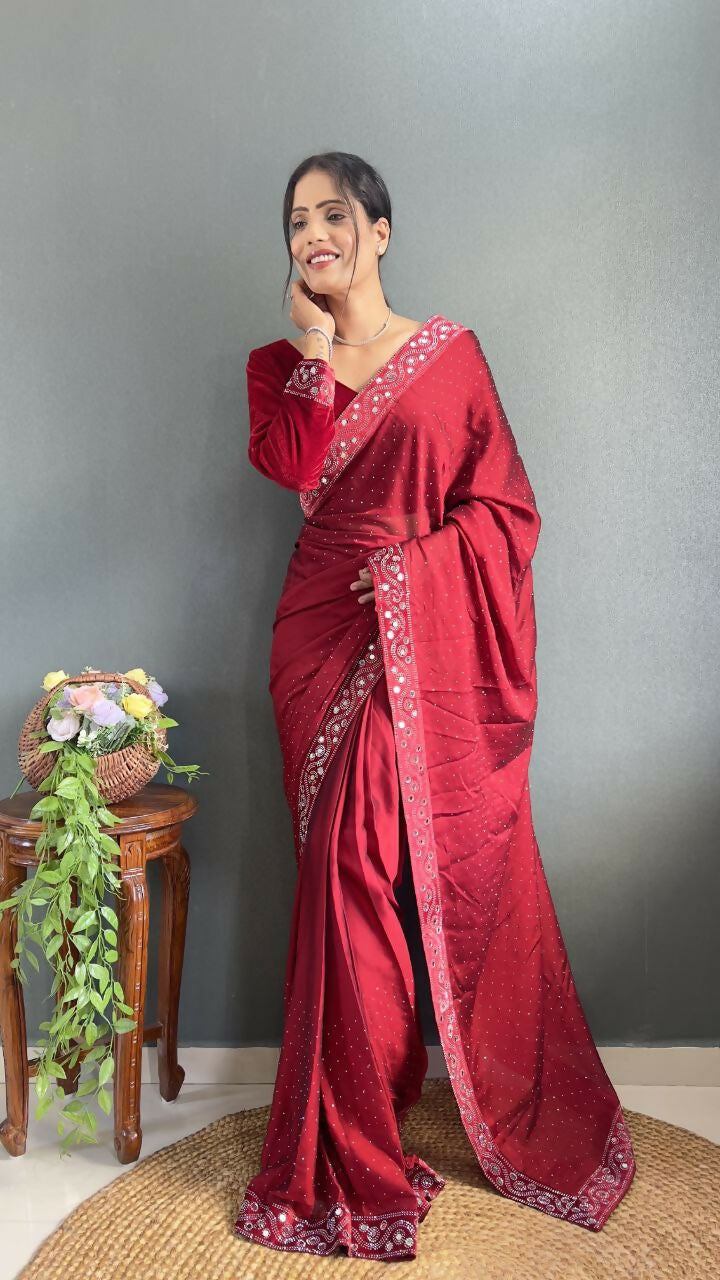 Vastranavya Red Rangoli Silk Real Mirror work with Swarovski work Ready to Wear Saree