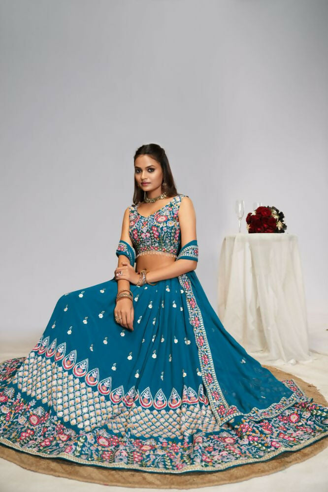 White Multicolor Thread Sequence Embroidery Work Georgette Lehenga Choli Set - Jihu Culture
