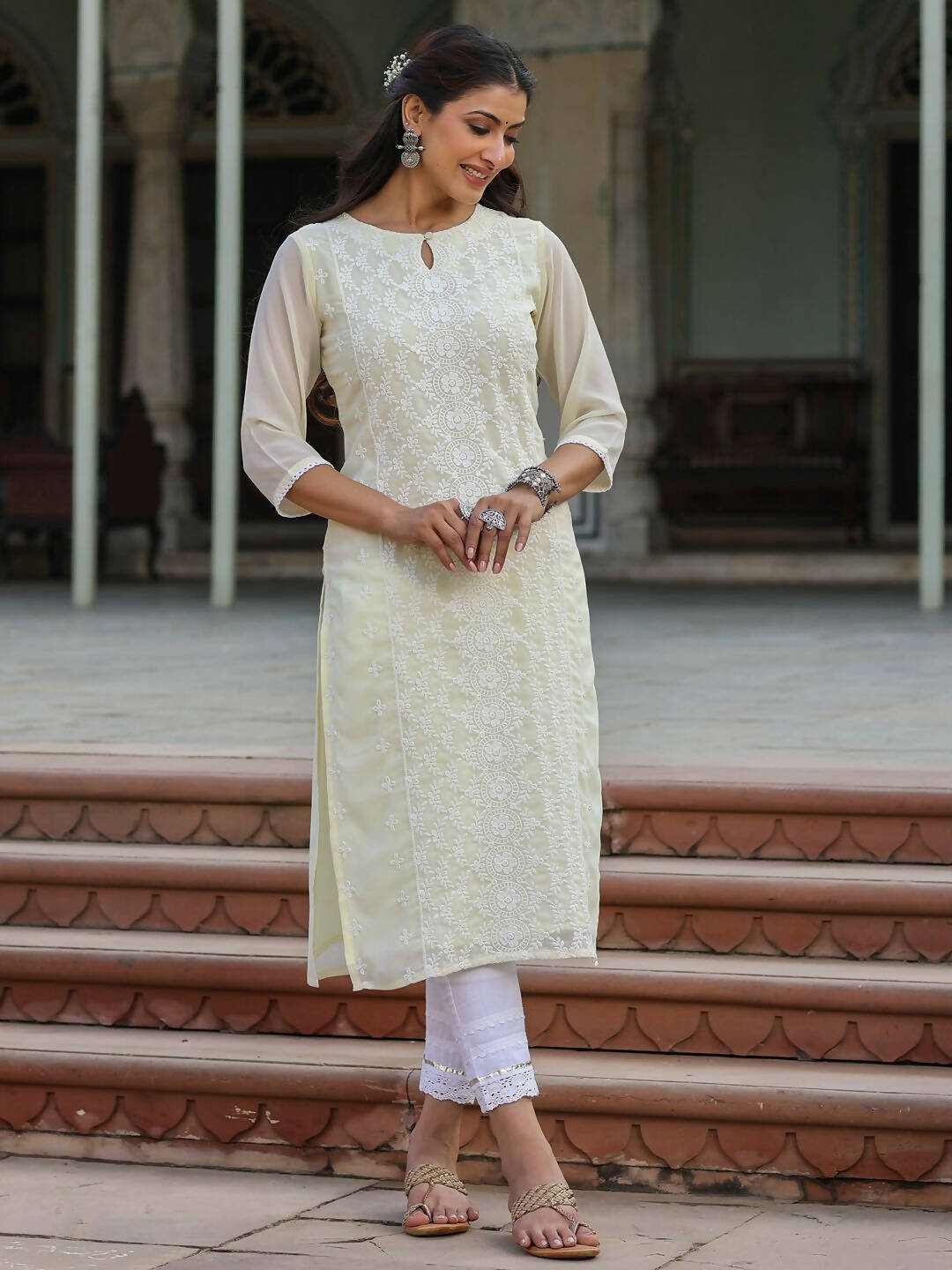 Juniper Women's Lemon Georgette Printed Kurta