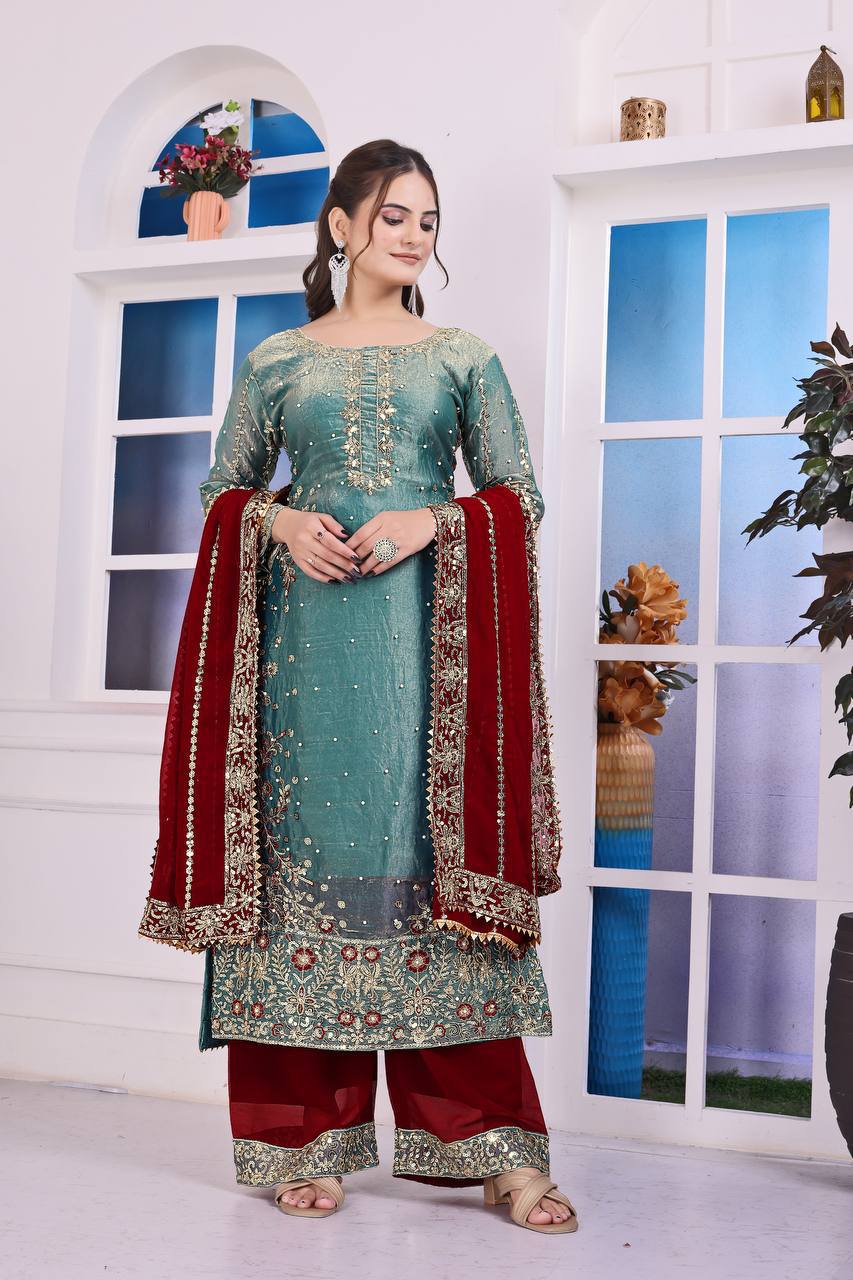 Prazu Fashion Sky Blue Frendy Silk Embroidered Riveted Moti Work Palazzo Suit