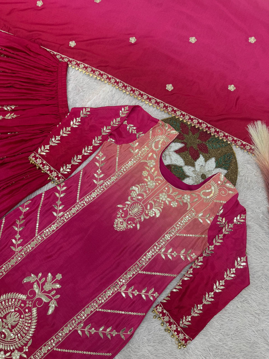 Prazu Fashion Pink Shaded Chinon Silk Embroidered Sequence Palazzo Suit