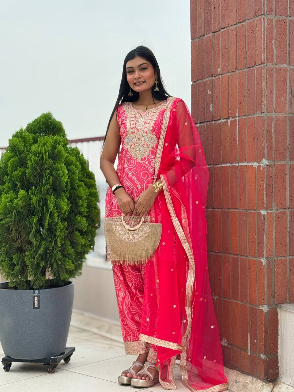 Prazu Fashion Pink Chinon Silk Embroidered Dhoti Style Suit