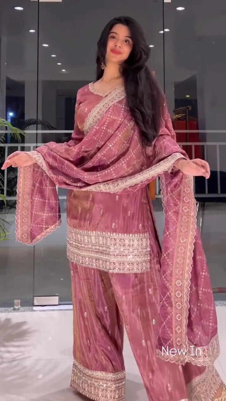 Prazu Fashion Peach Jimmi Silk Embroidered Sequence Work Palazzo Suit