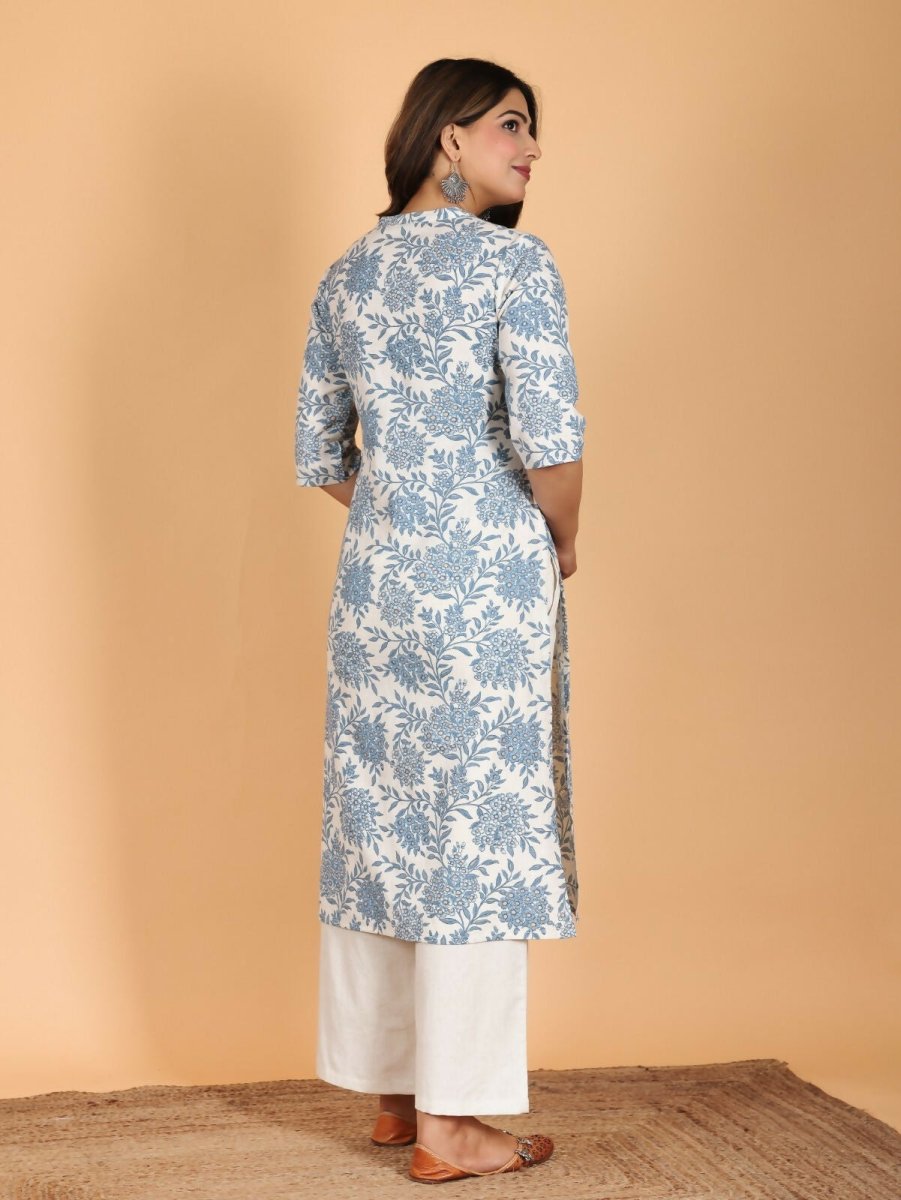 Aramya Blue Linen Cotton Floral Straight Kurta for Women
