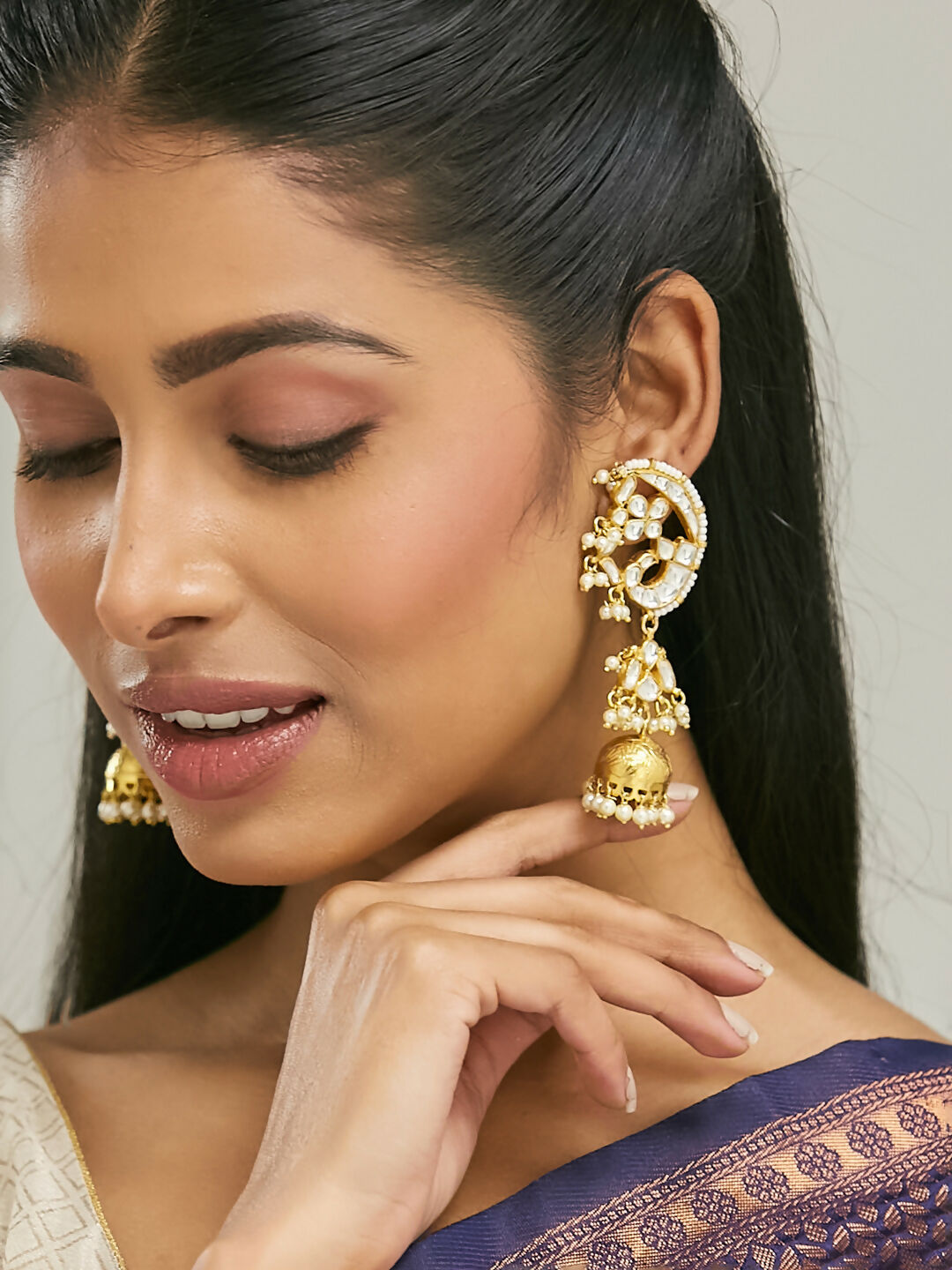 Nuyug 22K Gold-Plated Elegant Kundan Stone Studded & Pearl Drops Mini Jhumki Dangler Earrings