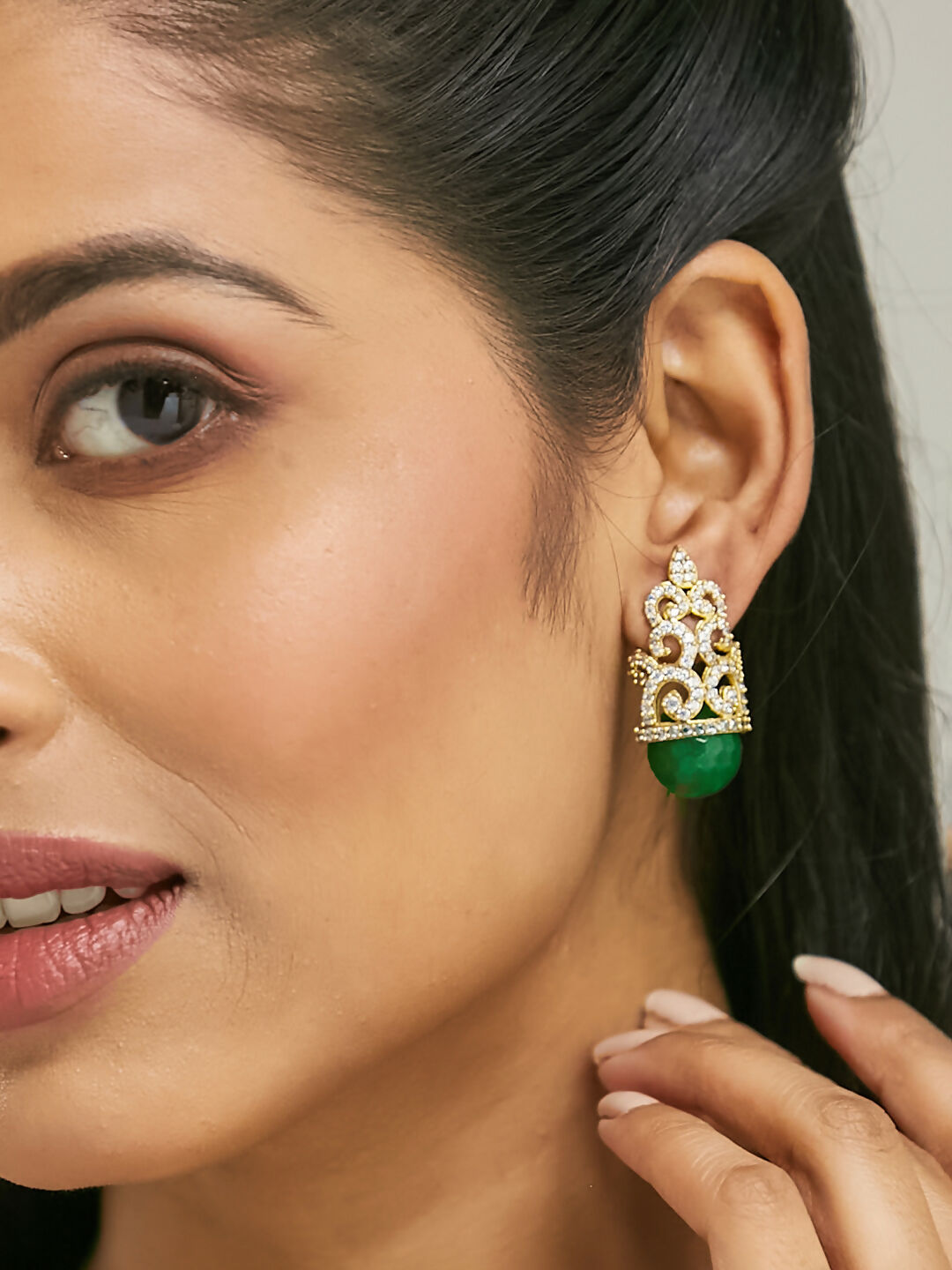 Nuyug 22K Gold-Plated Green Gemstone & Zircon Studded Contemporary Filigree Motif Studs