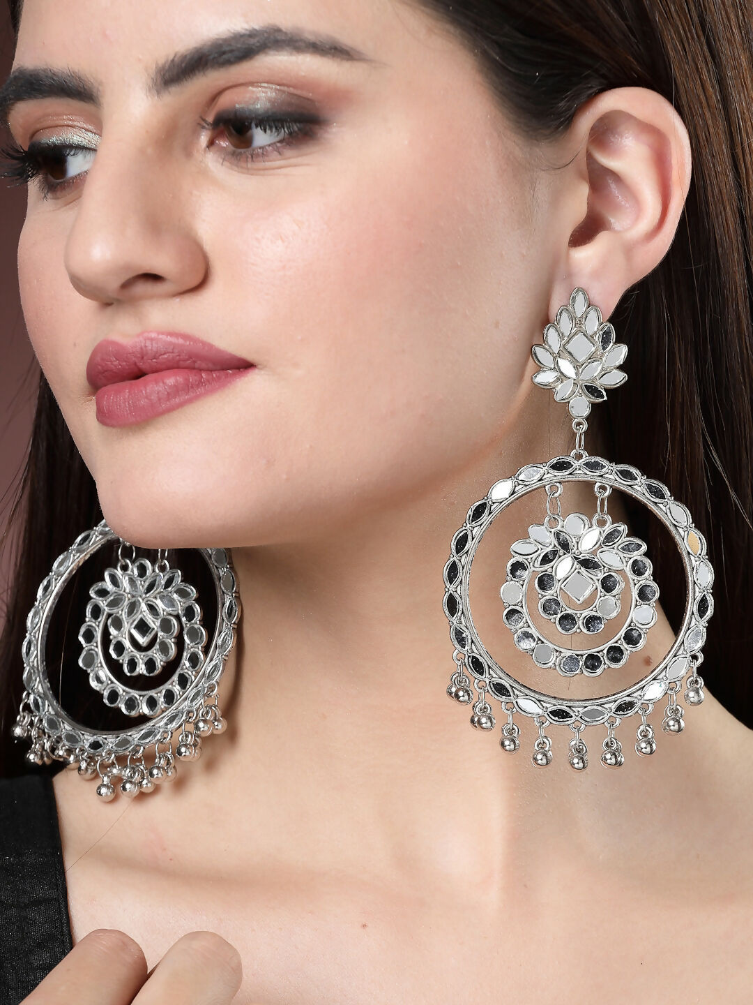 NVR Women's Silver-Toned Mirror Work Oxidised Contemporary Drop Earrings