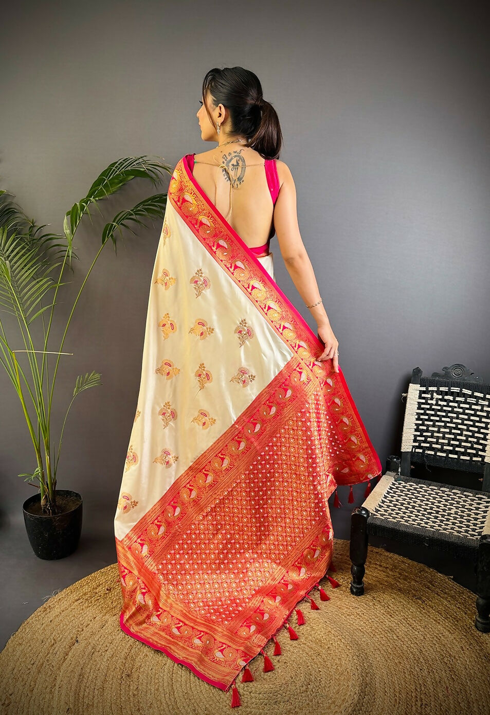 Joban Fashion Banarasi White Woven Soft Silk Saree