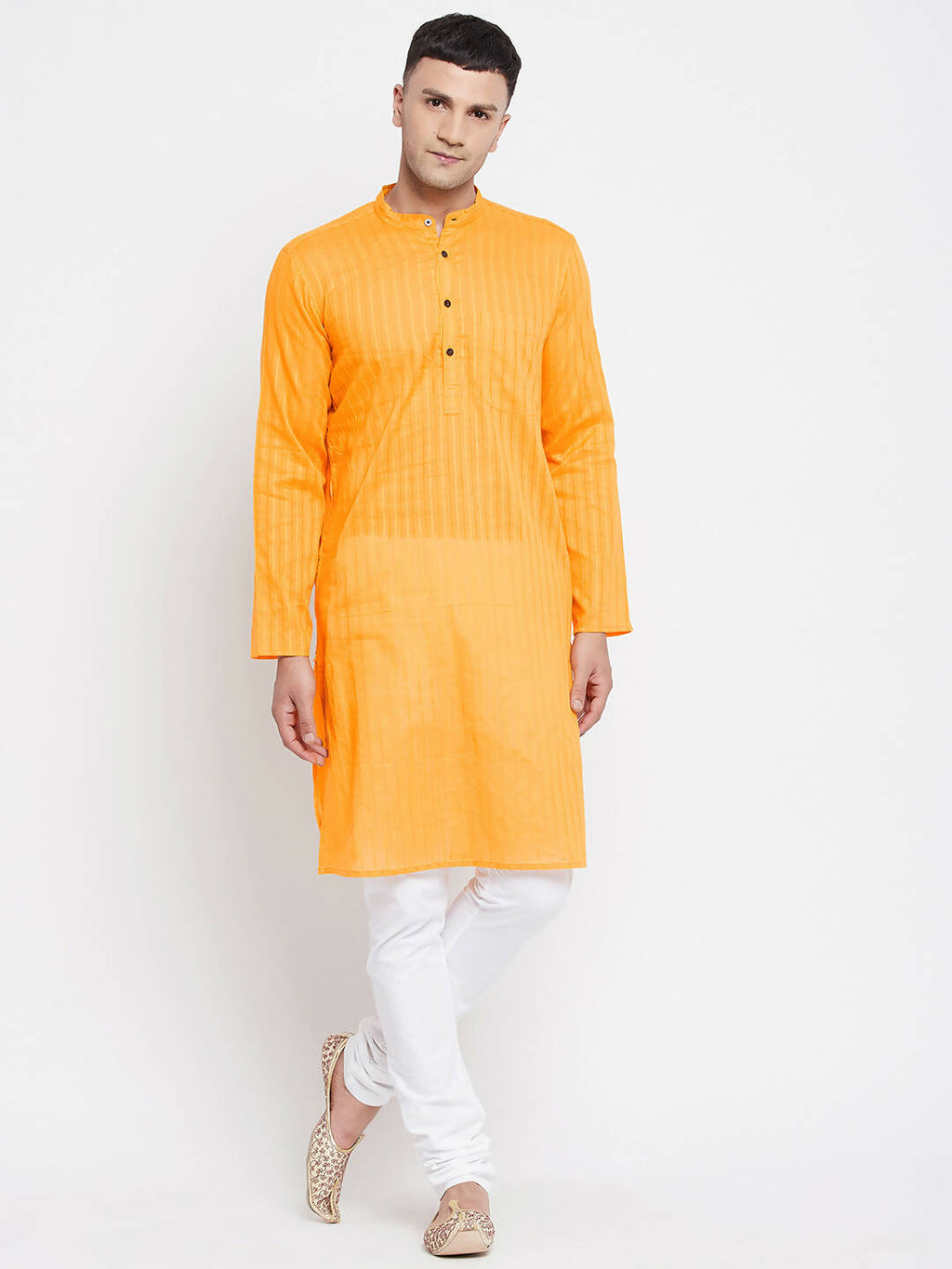 Even Apparels Men's Pure Cotton Kurta With Band Collar in Yellow Color