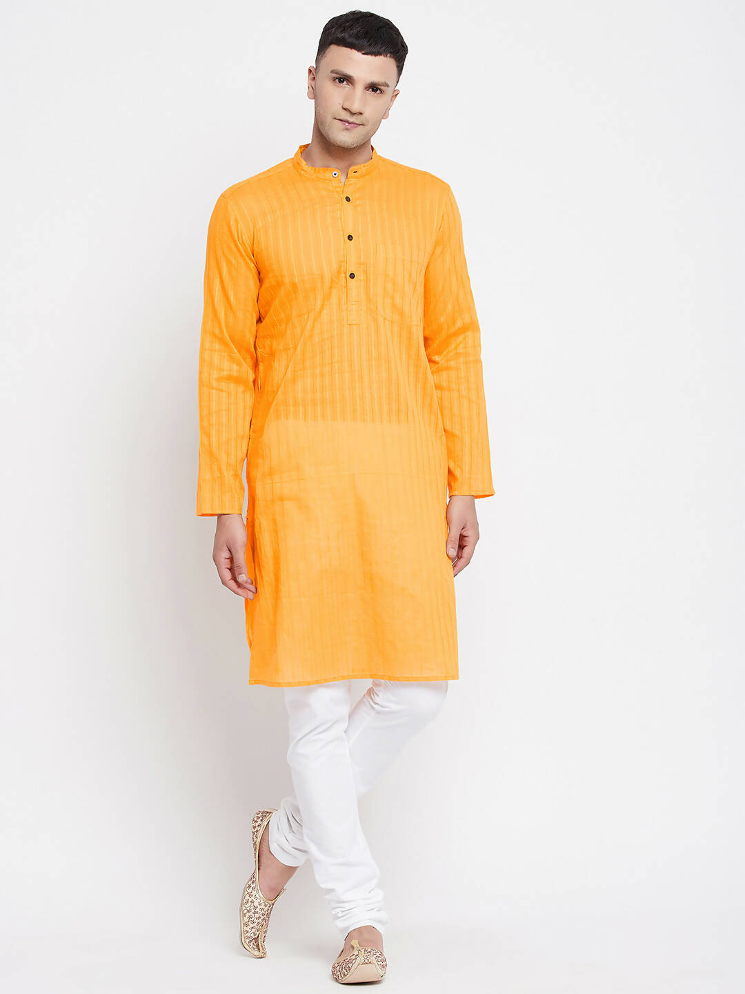 Even Apparels Men's Pure Cotton Kurta With Band Collar in Yellow Color