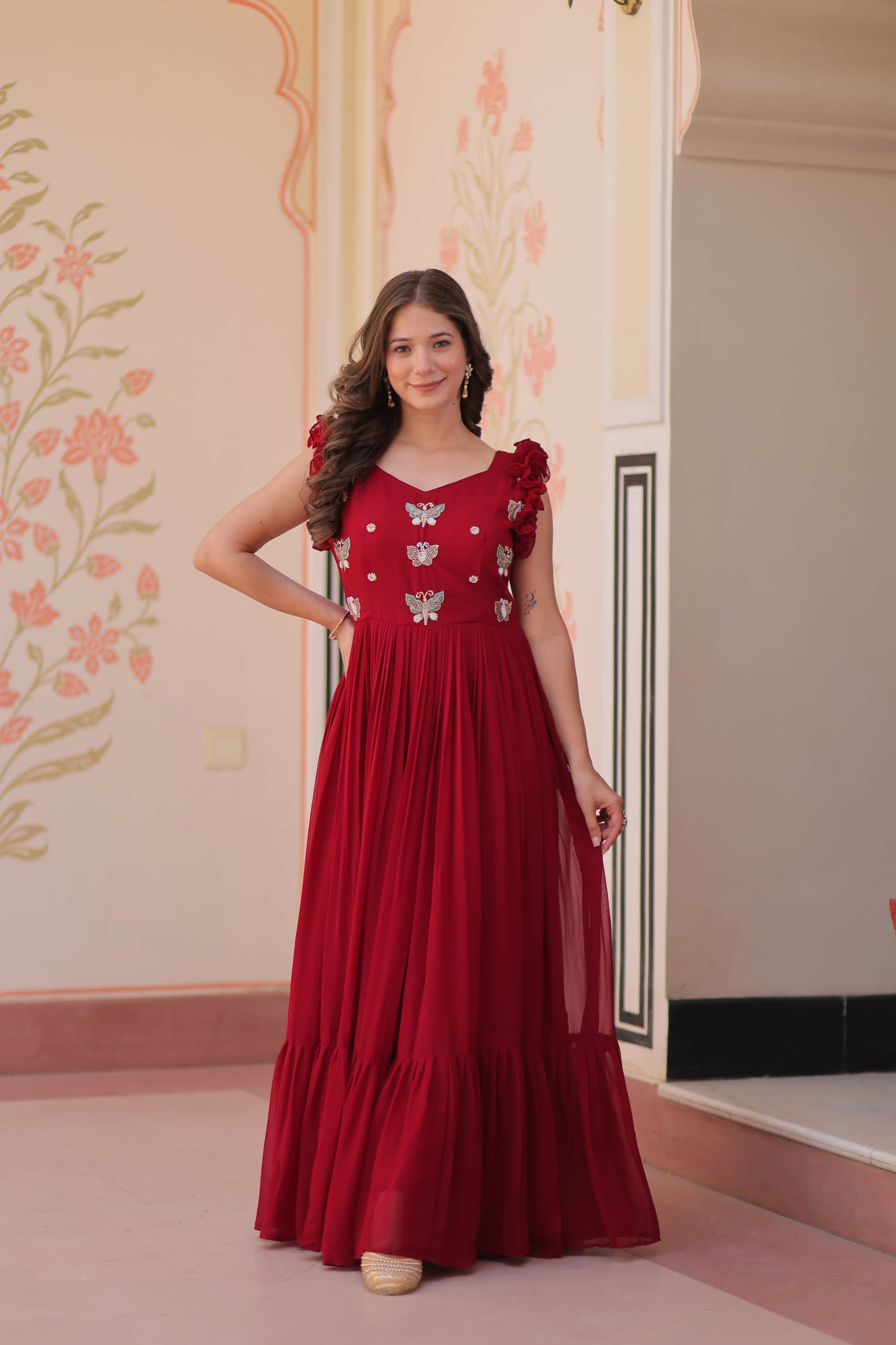 Vastranavya Maroon Faux Blooming With Sequins Multithreaded Beads Embroidered work Gown