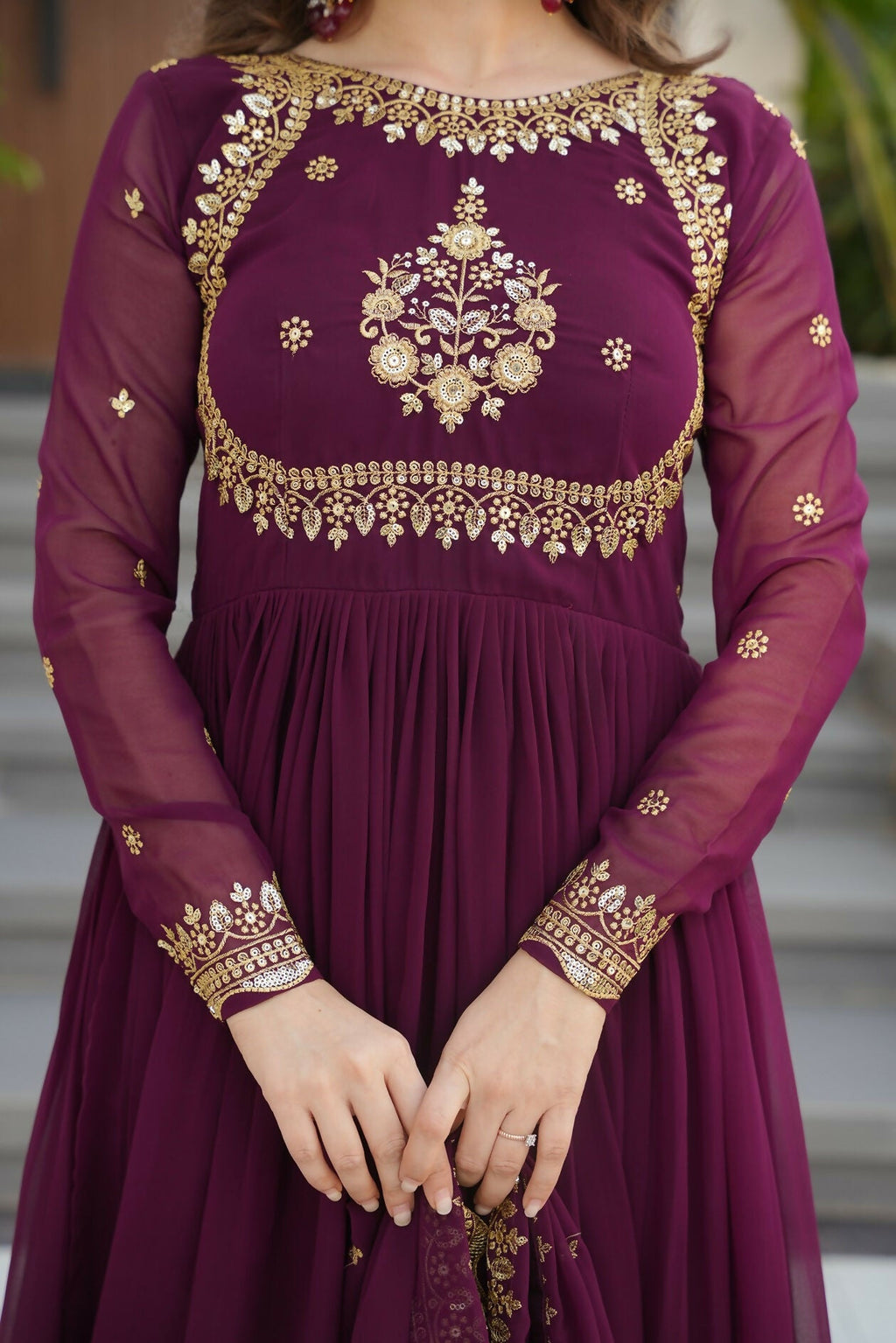 Joban Fashion Wine Georgette Sequence Embroidery Work Kurta Set