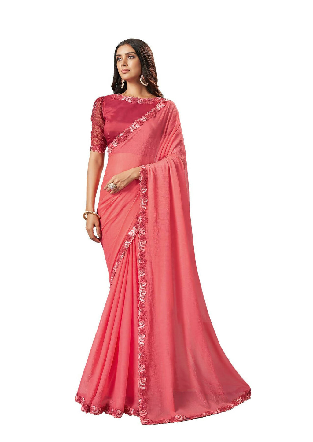 Peach Barbarie Chiffon Solid Saree With Unstitched Blouse Piece - Norita Ikshita