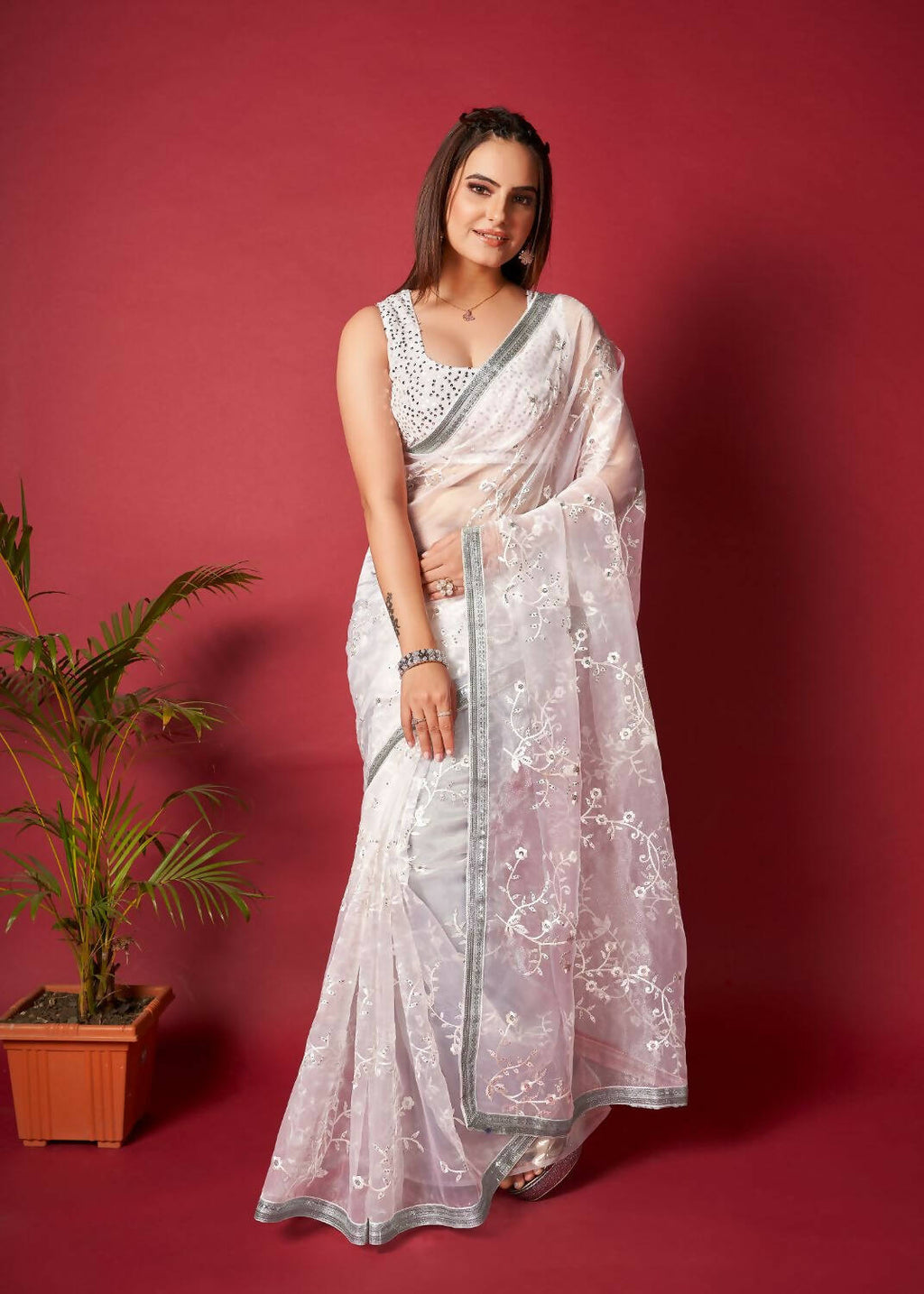 Vamsee White Organza Saree