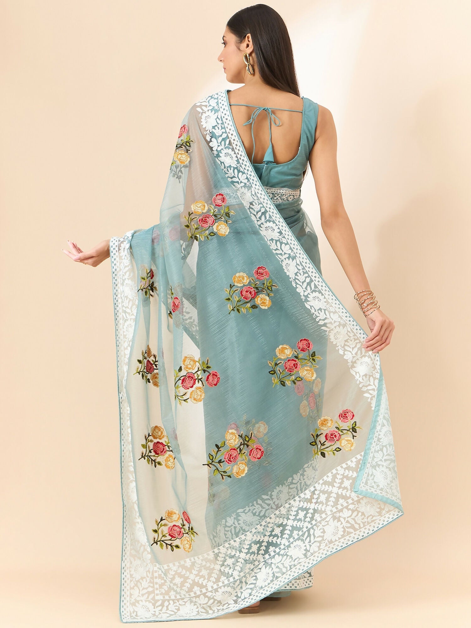 Blue Organza Floral Embroidered Saree with Unstitched Blouse Piece - Roozal