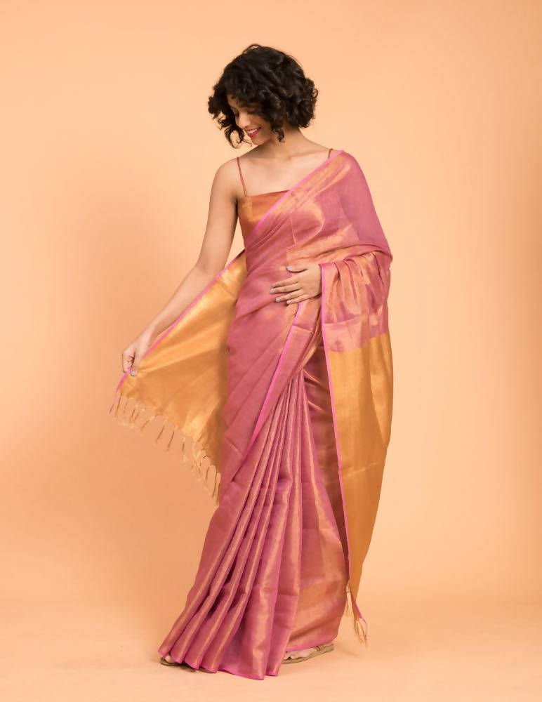 Suta Pink Golden Solid Woven Design Zari Saree
