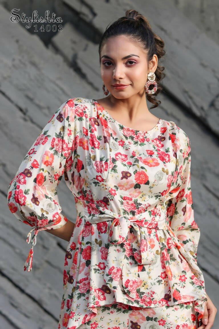 Women's Partywear Designer White & Multi Muslin co-ord set - Stylishta