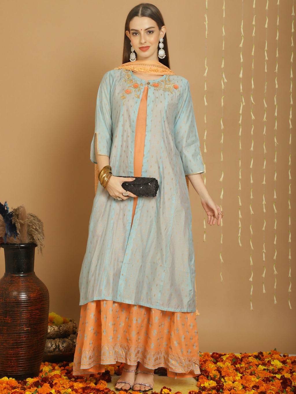 Jyoti Fashion Women's Turquoise Chanderi Silk Elegant Jardoshi Kurta with Trouser & Dupatta